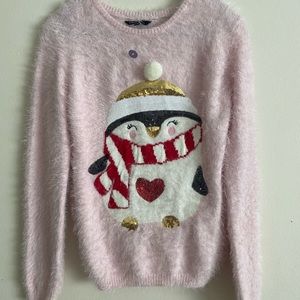 Pink fur sweater cardigan with snow penguin embroidery